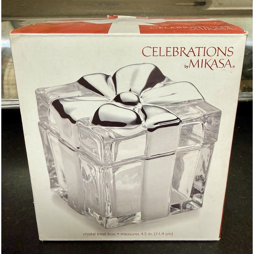 Mikasa Celebrations Silver Ribbon Crystal Trinket Box 4.5" Holiday Gift Decor